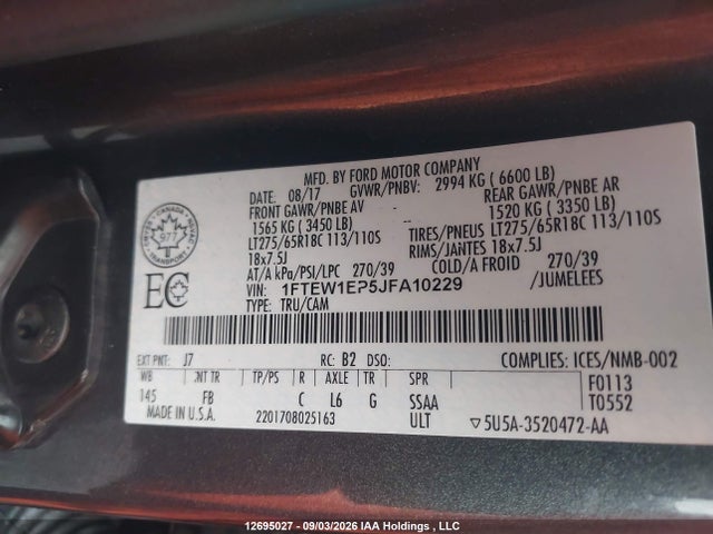 12695027 :رقم المزاد ، 1FTEW1EP5JFA10229 vin ، 2018 Ford F-150 Xlt مزاد بيع
