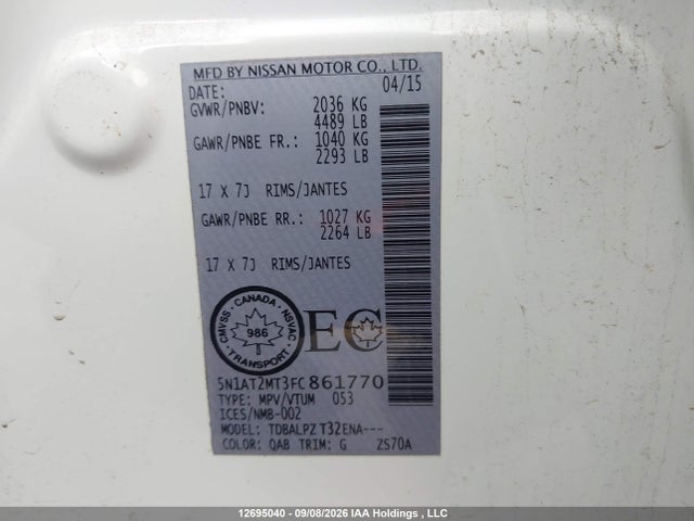 Nissan ROGUE S/SV 2015 5N1AT2MT3FC861770 Image 9