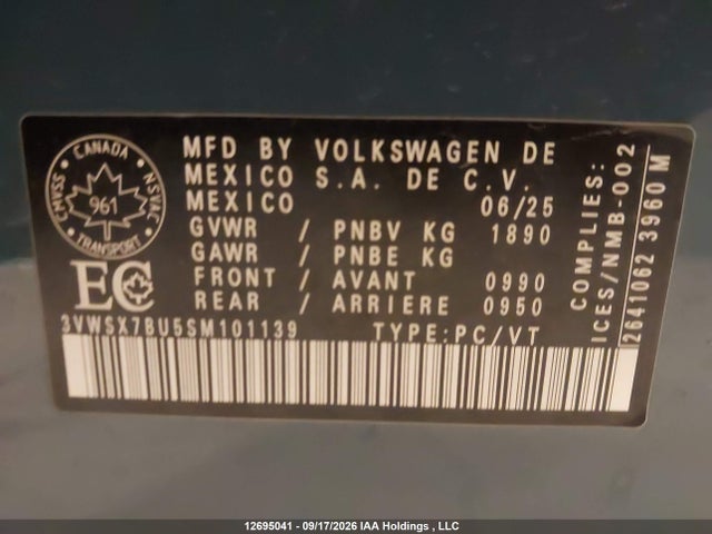 2025 Volkswagen Jetta Comfortline მანქანა იყიდება აუქციონზე, vin: 3VWSX7BU5SM101139, აუქციონის ნომერი: 12695041