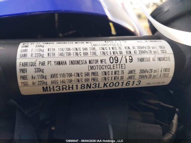 Aukcja sprzedaży 2020 Yamaha Yzfr3 A, vin: MH3RH18N3LK001613, numer aukcji: 12695047