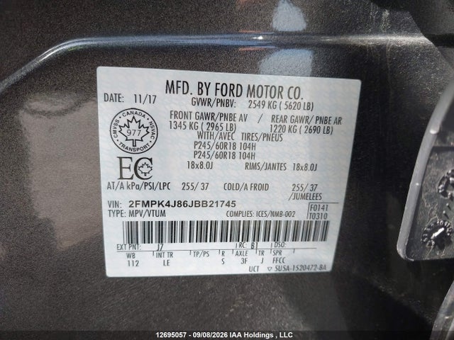12695057 :رقم المزاد ، 2FMPK4J86JBB21745 vin ، 2018 Ford Edge Sel مزاد بيع