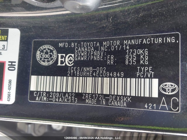 12695066 :رقم المزاد ، 2T1BURHE4EC094849 vin ، 2014 Toyota Corolla L/le/le Pls/prm/s/s Pls مزاد بيع