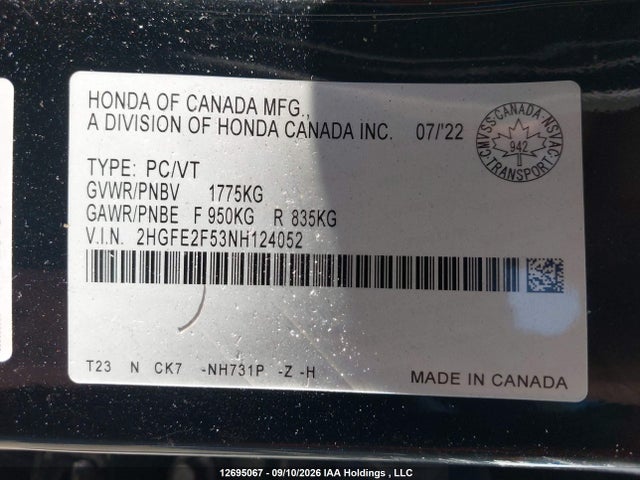 2HGFE2F53NH124052 Honda Civic Sport
