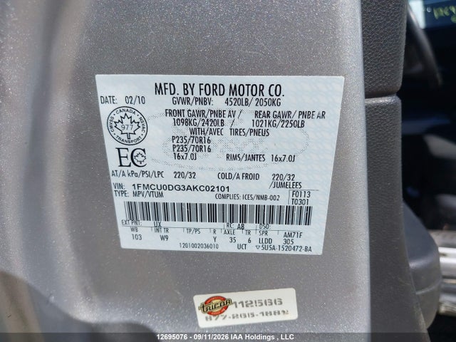 Aukcja sprzedaży 2010 Ford Escape, vin: 1FMCU0DG3AKC02101, numer aukcji: 12695076