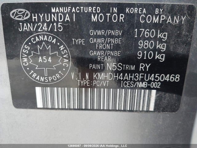 Hyundai Elantra Limited 2015 KMHDH4AH3FU450468 Image 9