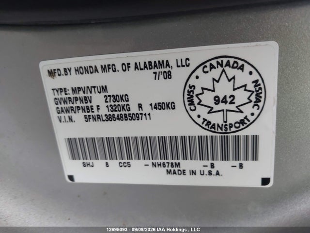 Продаж на аукціоні авто 2008 Honda Odyssey Exl, vin: 5FNRL38648B509711, номер лоту: 12695093