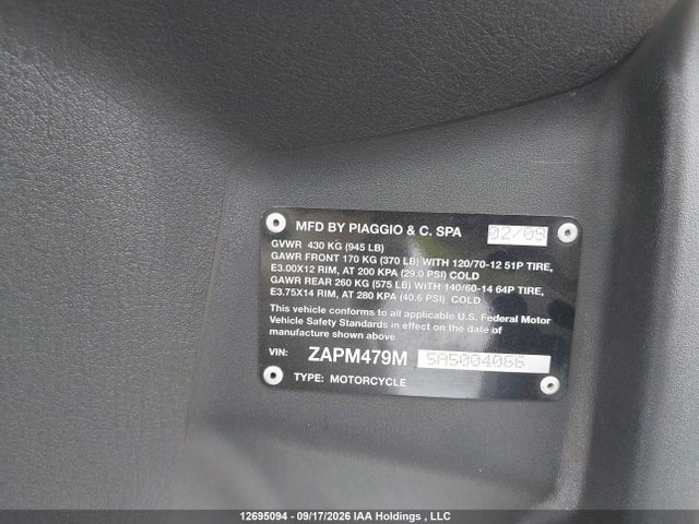 Aukcja sprzedaży 2010 Piaggio Mp3 250, vin: ZAPM479M5A5004066, numer aukcji: 12695094