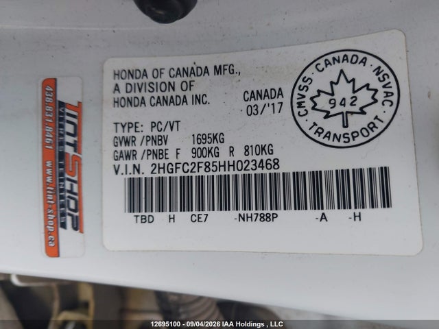 Продажа на аукционе авто 2017 Honda Civic Ex, vin: 2HGFC2F85HH023468, номер лота: 12695100