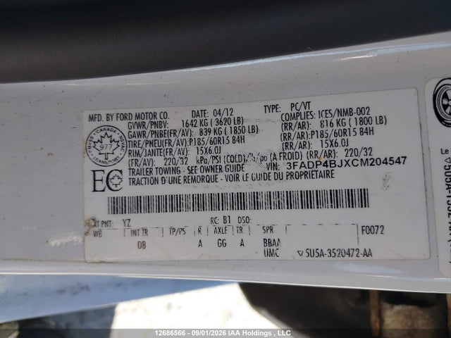 Aukcja sprzedaży 2012 Ford Fiesta Se, vin: 3FADP4BJXCM204547, numer aukcji: 12686566