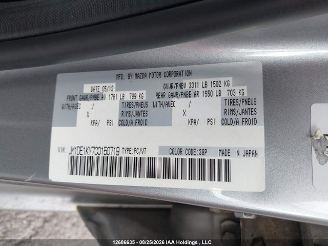 Aukcja sprzedaży 2012 Mazda Mazda2 Gx, vin: JM1DE1KY7C0150719, numer aukcji: 12686635