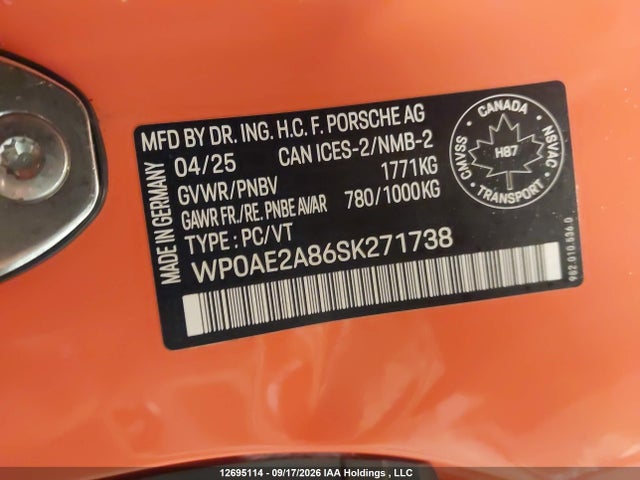 Aukcja sprzedaży 2025 Porsche 718 Cayman Gt4 Rs, vin: WP0AE2A86SK271738, numer aukcji: 12695114