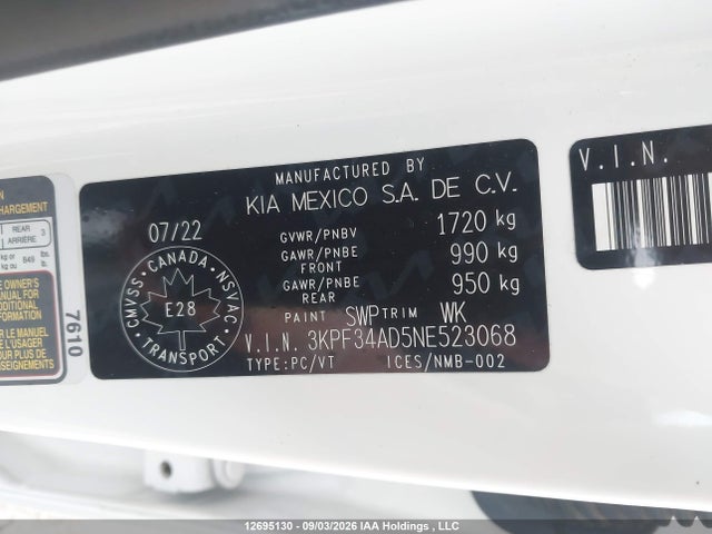 3KPF34AD5NE523068 KIA Forte Gt Line