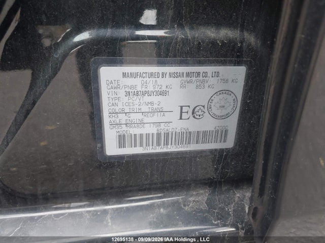 12695138 :رقم المزاد ، 3N1AB7AP8JY304691 vin ، 2018 Nissan Sentra S/sv/sr/sl مزاد بيع