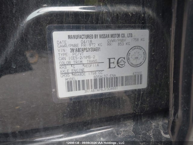 12695138 :رقم المزاد ، 3N1AB7AP8JY304691 vin ، 2018 Nissan Sentra S/sv/sr/sl مزاد بيع