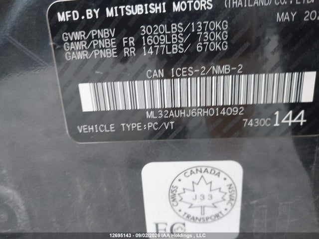 12695143 :رقم المزاد ، ML32AUHJ6RH014092 vin ، 2024 Mitsubishi Mirage Es/le مزاد بيع