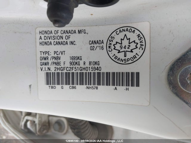 12695180 :رقم المزاد ، 2HGFC2F51GH015940 vin ، 2016 Honda Civic Lx مزاد بيع
