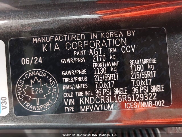 12695182 :رقم المزاد ، KNDCR3L16R5129322 vin ، 2024 Kia Niro Ev Wind/wind+ مزاد بيع