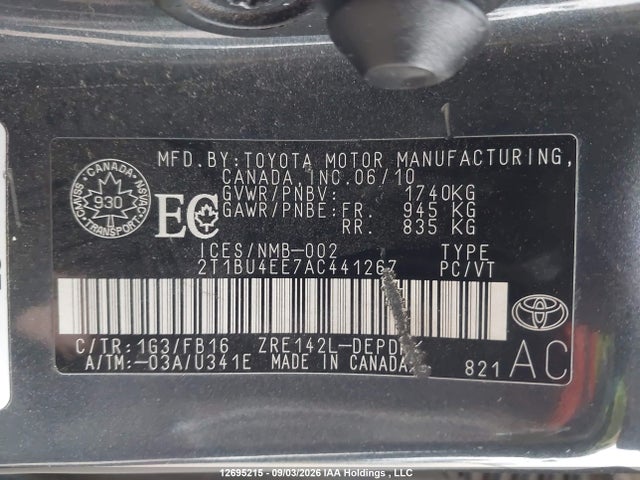 12695215 :رقم المزاد ، 2T1BU4EE7AC441267 vin ، 2010 Toyota Corolla Ce مزاد بيع
