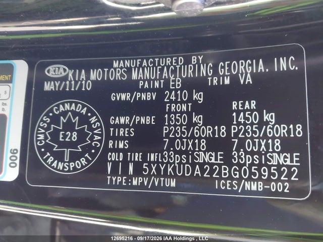 Продажа на аукционе авто 2011 Kia Sorento Ex Luxury V6/ex V6, vin: 5XYKUDA22BG059522, номер лота: 12695216