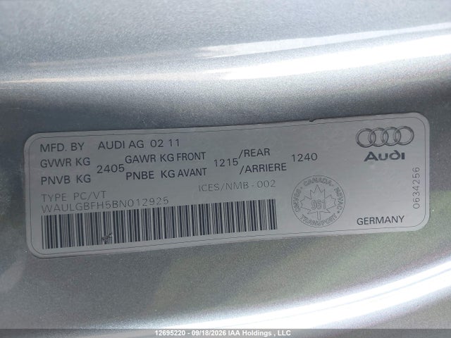 12695220 :رقم المزاد ، WAULGBFH5BN012925 vin ، 2011 Audi S5 3.0 Premium مزاد بيع