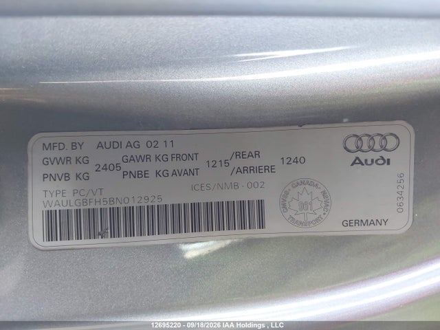 12695220 :رقم المزاد ، WAULGBFH5BN012925 vin ، 2011 Audi S5 3.0 Premium مزاد بيع