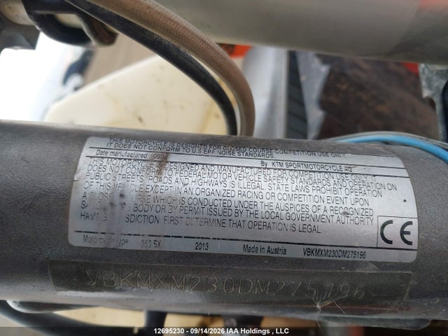 12695230 :رقم المزاد ، VBKMXM230DM275196 vin ، 2013 Ktm 250 Sx مزاد بيع