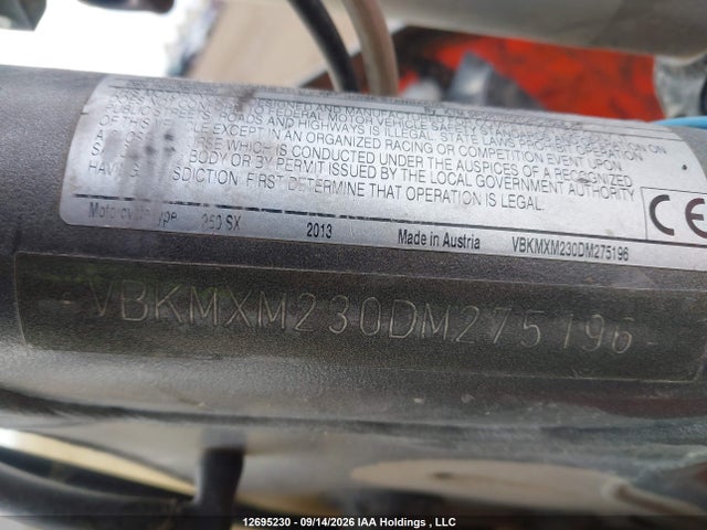 12695230 :رقم المزاد ، VBKMXM230DM275196 vin ، 2013 Ktm 250 Sx مزاد بيع