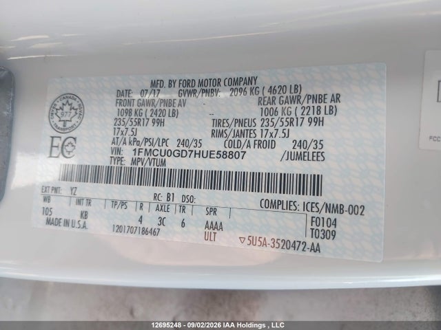 Auction sale of the 2017 Ford Escape Se, vin: 1FMCU0GD7HUE58807, lot number: 12695248