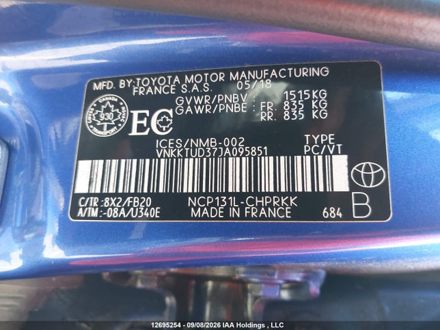 12695254 :رقم المزاد ، VNKKTUD37JA095851 vin ، 2018 Toyota Yaris Le مزاد بيع