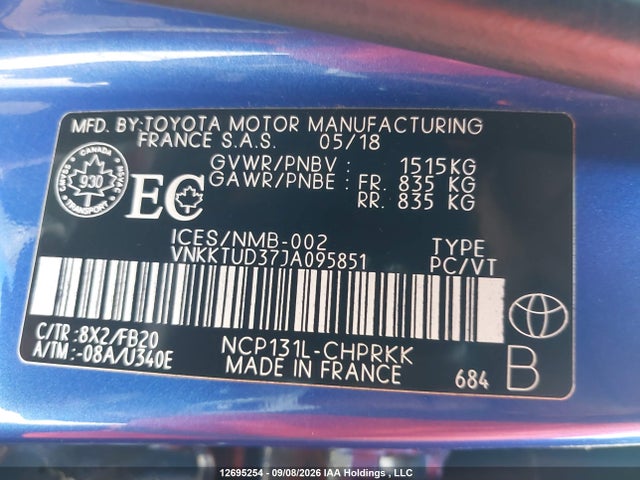 12695254 :رقم المزاد ، VNKKTUD37JA095851 vin ، 2018 Toyota Yaris Le مزاد بيع