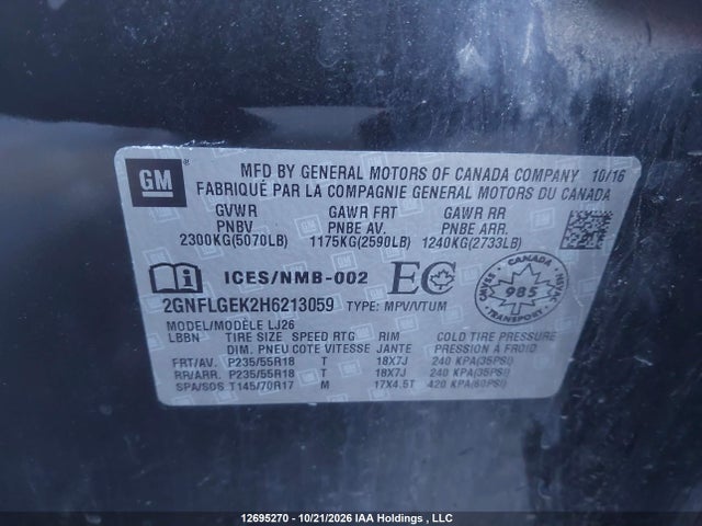 12695270 :رقم المزاد ، 2GNFLGEK2H6213059 vin ، 2017 Chevrolet Equinox Premier مزاد بيع