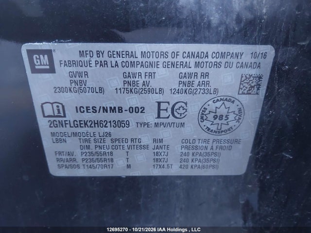 12695270 :رقم المزاد ، 2GNFLGEK2H6213059 vin ، 2017 Chevrolet Equinox Premier مزاد بيع