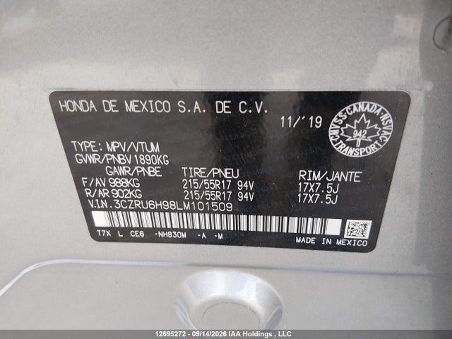 12695272 :رقم المزاد ، 3CZRU6H98LM101509 vin ، 2020 Honda Hr-v Touring مزاد بيع