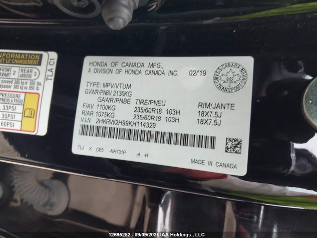 Продаж на аукціоні авто 2019 Honda Cr-v Touring, vin: 2HKRW2H99KH114329, номер лоту: 12695282