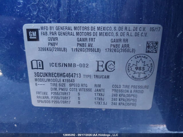 Продажа на аукционе авто 2017 Chevrolet Silverado K1500 Lt, vin: 3GCUKREC6HG464713, номер лота: 12695292