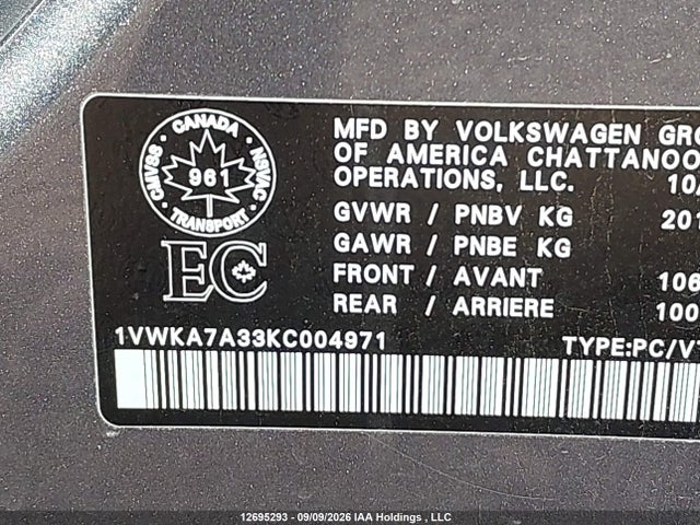 Volkswagen Passat Wolfsburg Edition 2019 1VWKA7A33KC004971 Image 9