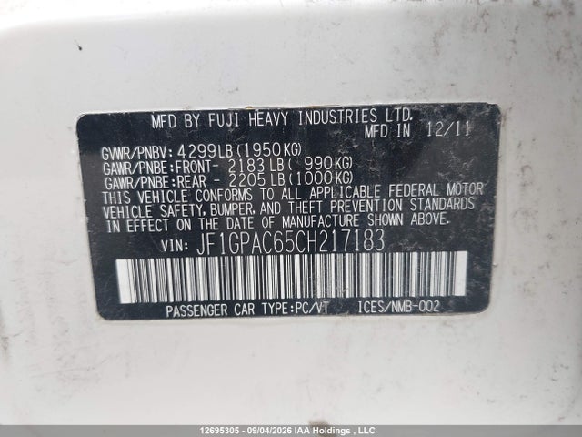 2012 Subaru Impreza მანქანა იყიდება აუქციონზე, vin: JF1GPAC65CH217183, აუქციონის ნომერი: 12695305