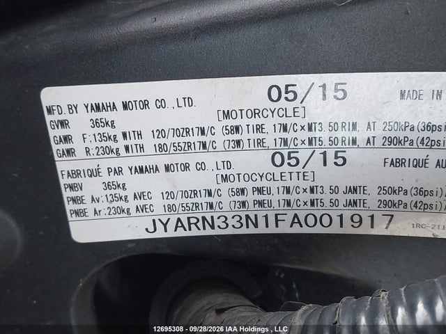 Продажа на аукционе авто 2015 Yamaha Fz09, vin: JYARN33N1FA001917, номер лота: 12695308