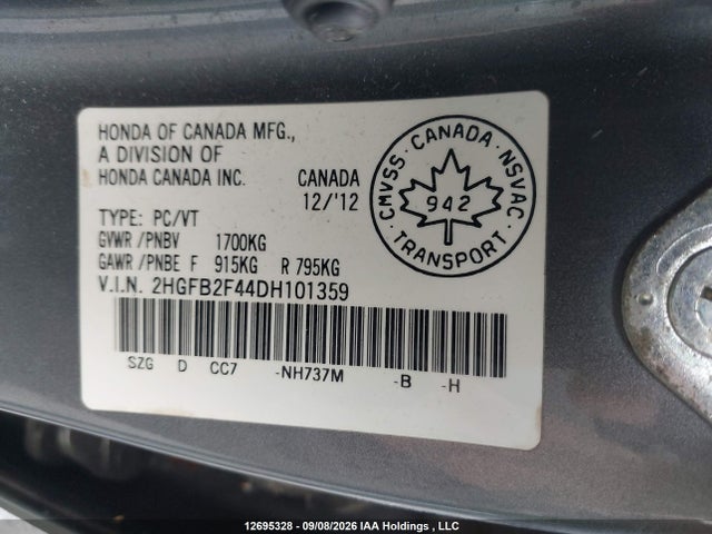 Aukcja sprzedaży 2013 Honda Civic Lx, vin: 2HGFB2F44DH101359, numer aukcji: 12695328