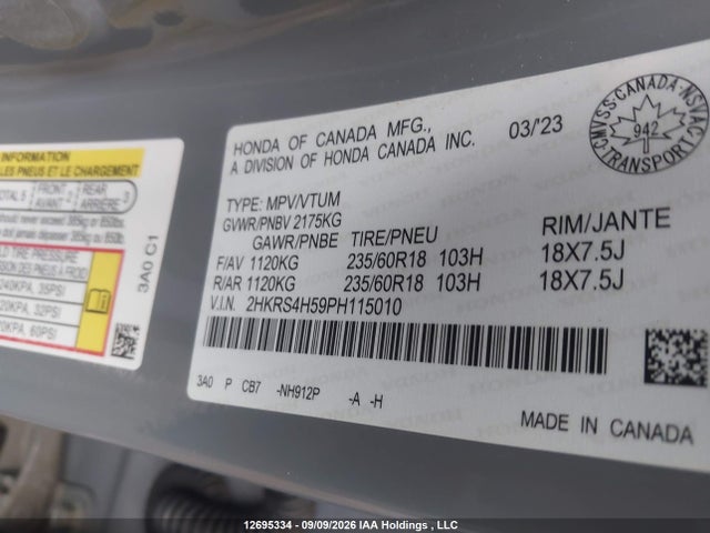12695334 :رقم المزاد ، 2HKRS4H59PH115010 vin ، 2023 Honda Cr-v Sport/sport-b مزاد بيع
