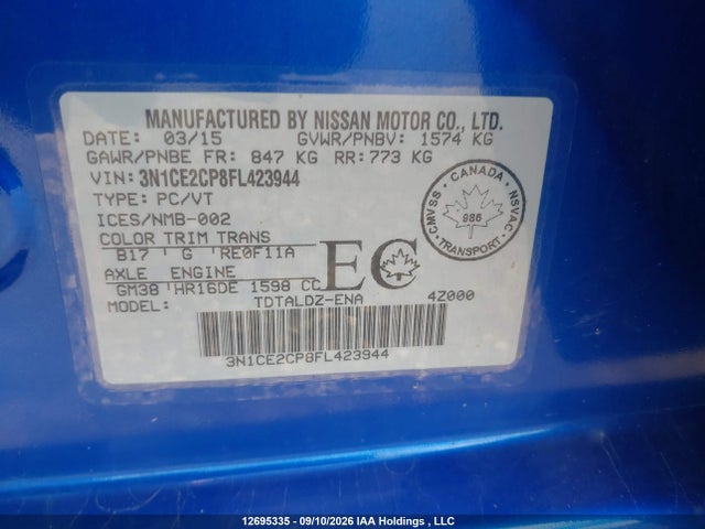 12695335 :رقم المزاد ، 3N1CE2CP8FL423944 vin ، 2015 Nissan Versa Note S/s Plus/sv/sl/sr مزاد بيع