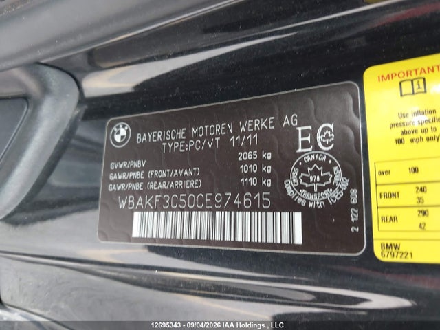 2012 Bmw 328 Xi მანქანა იყიდება აუქციონზე, vin: WBAKF3C50CE974615, აუქციონის ნომერი: 12695343