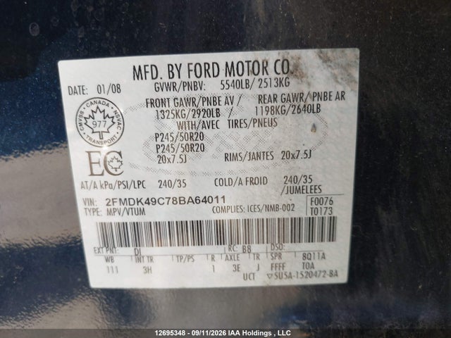Продаж на аукціоні авто 2008 Ford Edge, vin: 2FMDK49C78BA64011, номер лоту: 12695348