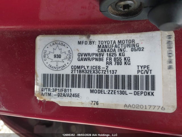 12695352 :رقم المزاد ، 2T1BR32EX3C721137 vin ، 2003 Toyota Corolla Ce/le/s مزاد بيع