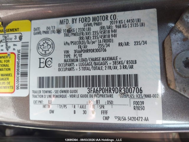 Продаж на аукціоні авто 2013 Ford Fusion, vin: 3FA6P0HR9DR300706, номер лоту: 12695364