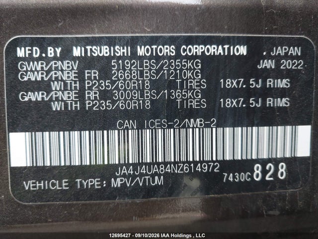 Aukcja sprzedaży 2022 Mitsubishi Outlander Se/black Edition, vin: JA4J4UA84NZ614972, numer aukcji: 12695427