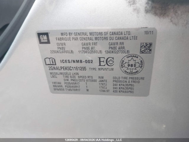 12695429 :رقم المزاد ، 2GNALPEK5C1161295 vin ، 2012 Chevrolet Equinox Lt مزاد بيع