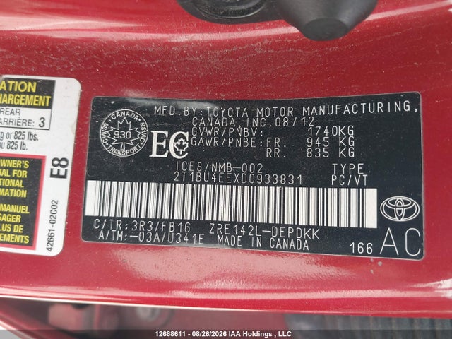 12688611 :رقم المزاد ، 2T1BU4EEXDC933831 vin ، 2013 Toyota Corolla Ce مزاد بيع