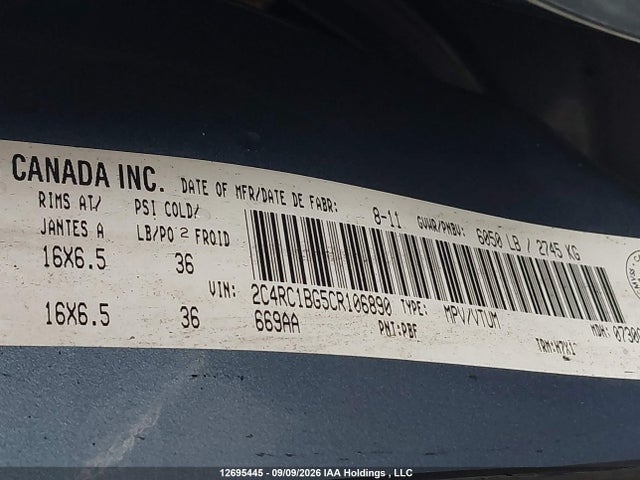 Auction sale of the 2012 Chrysler Town & Country Touring, vin: 2C4RC1BG5CR106890, lot number: 12695445