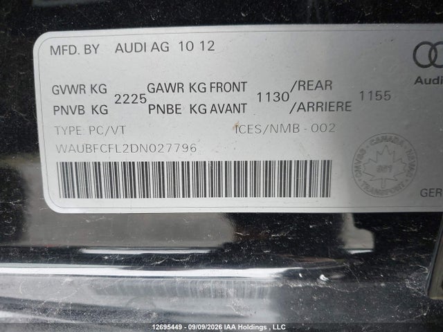 Aukcja sprzedaży 2013 Audi A4 Premium, vin: WAUBFCFL2DN027796, numer aukcji: 12695449